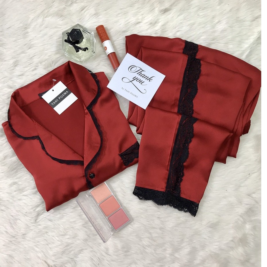 Pijama Lụa cao cấp màu đỏ phối ren 40-70kg {ẢNH THẬT}