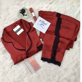 Pijama Lụa cao cấp màu đỏ phối ren 40-70kg