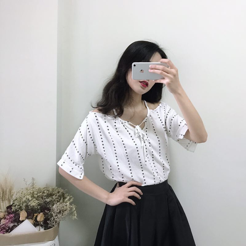 Áo Sơ Mi Ngắn Tay Hở Vai Họa Tiết Kẻ Sọc Và Hoa Phong Cách Retro Thời Trang Hàn Quốc Cho Nữ