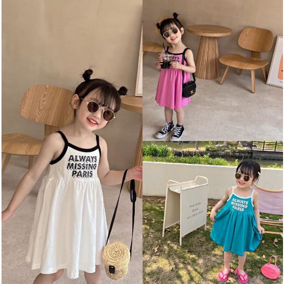 Đầm Đi Biển Hai Dây Không Tay In Chữ Thời Trang Mùa Hè Cho Bé Gái