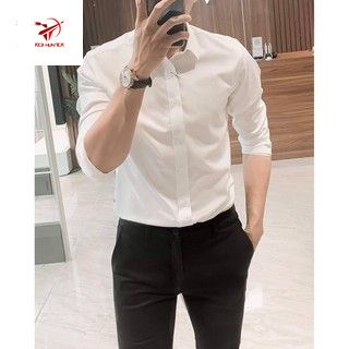 Áo sơ mi nam nữ dài tay Unisex Basic TRƠN Form rộng màu trắng và đen Chất cotton lụa mịn mát Bigsize Red Hunter - SM