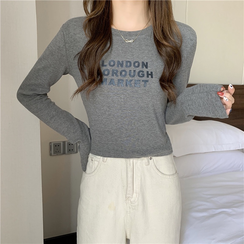 SUXI Áo Thun Tay Dài Cổ Tròn Màu Sắc Trơn In Chữ Phong Cách Hàn Quốc Dành Cho Nữ