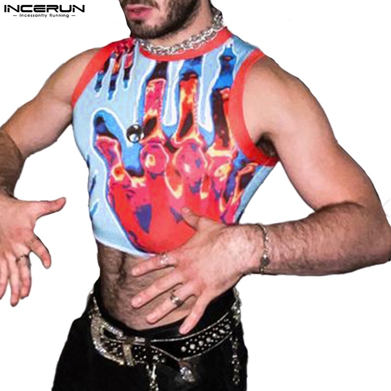 Áo tank top INCERUN sát nách dáng ôm in họa tiết thờI trang cho nam