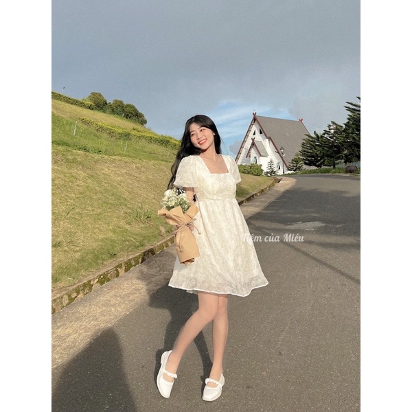 [Jolia Dress] Váy babydoll tay bồng nơ lưng vải tơ voan hoa nhăn bánh bèo tiệm của miêu