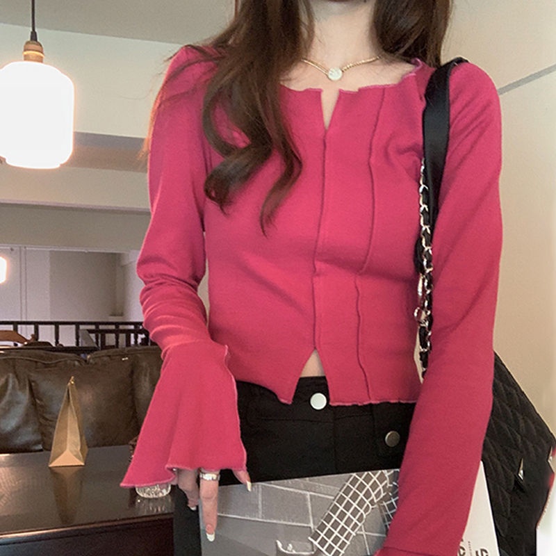 Áo Sweater Dệt Kim Tay Dài Dáng Ôm Xẻ Tà Quyến Rũ Thời Trang Thu Đông Cho Nữ