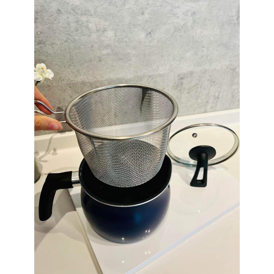 Nồi chiên ngập dầu kèm rổ chiên đồ inox, vung tự đứng Nhật Bản 15cm