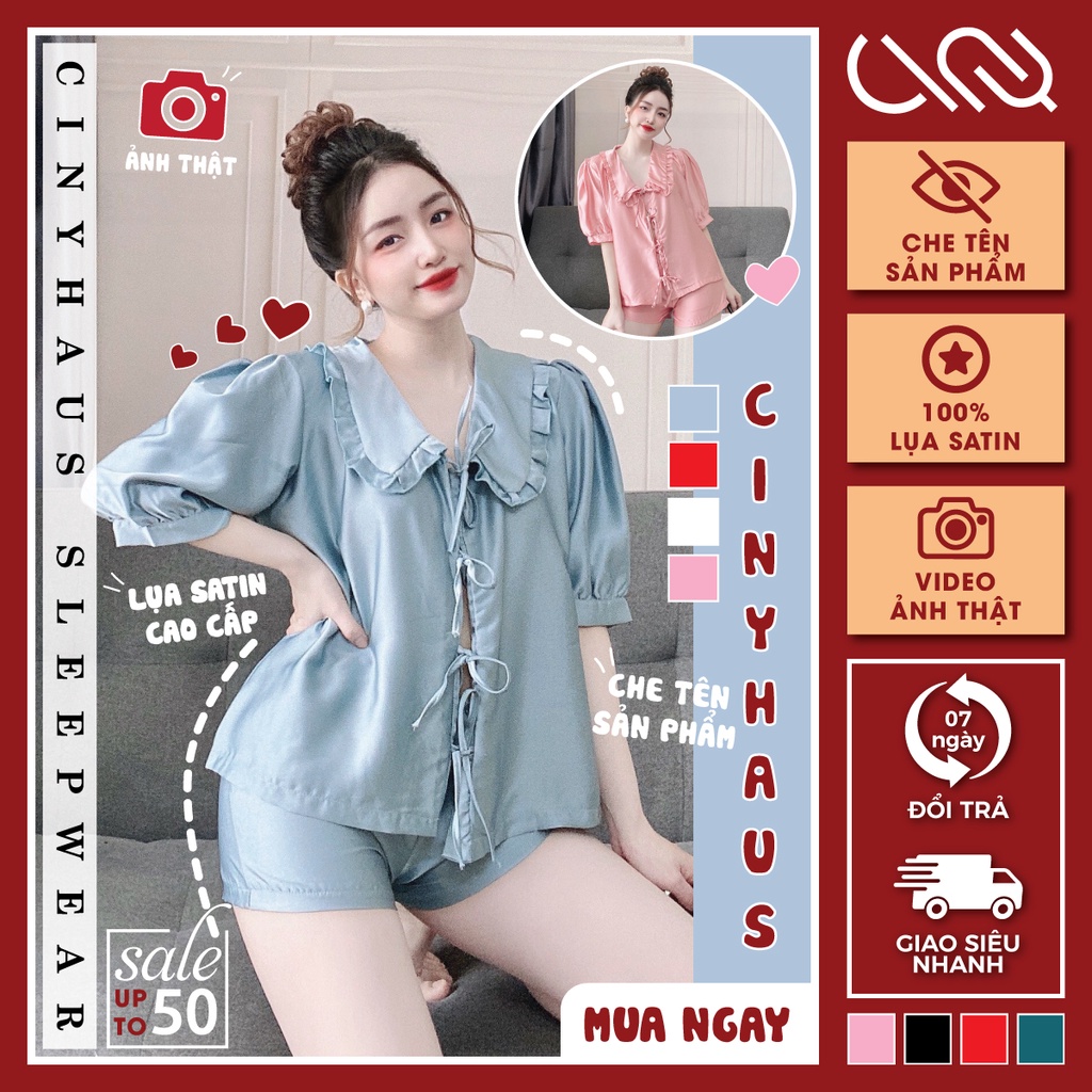 Đồ Ngủ Mặc Nhà Tay Ngắn Lụa Satin Cao Cấp Mềm Mịn Thoáng Mát Cột Dây Nơ Xinh Xắn Freesize - CN036 CINY