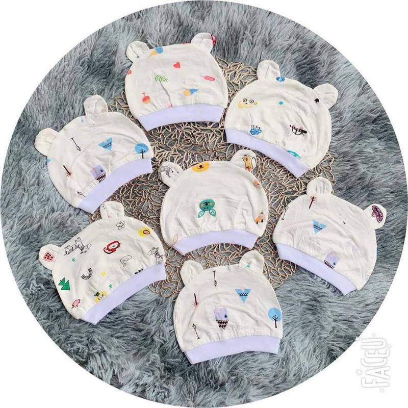 Mũ Sơ Sinh Vải Thun Lạnh Mềm Mát In Hình Cho Bé 0-3 Tháng