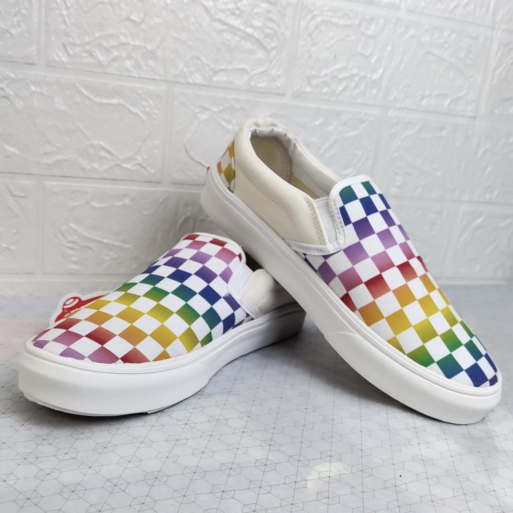 Giày Thể Thao Van Lười Caro Bảy Sắc Cầu Vồng, Slipon Bảy Màu Nam Nữ Fullbox