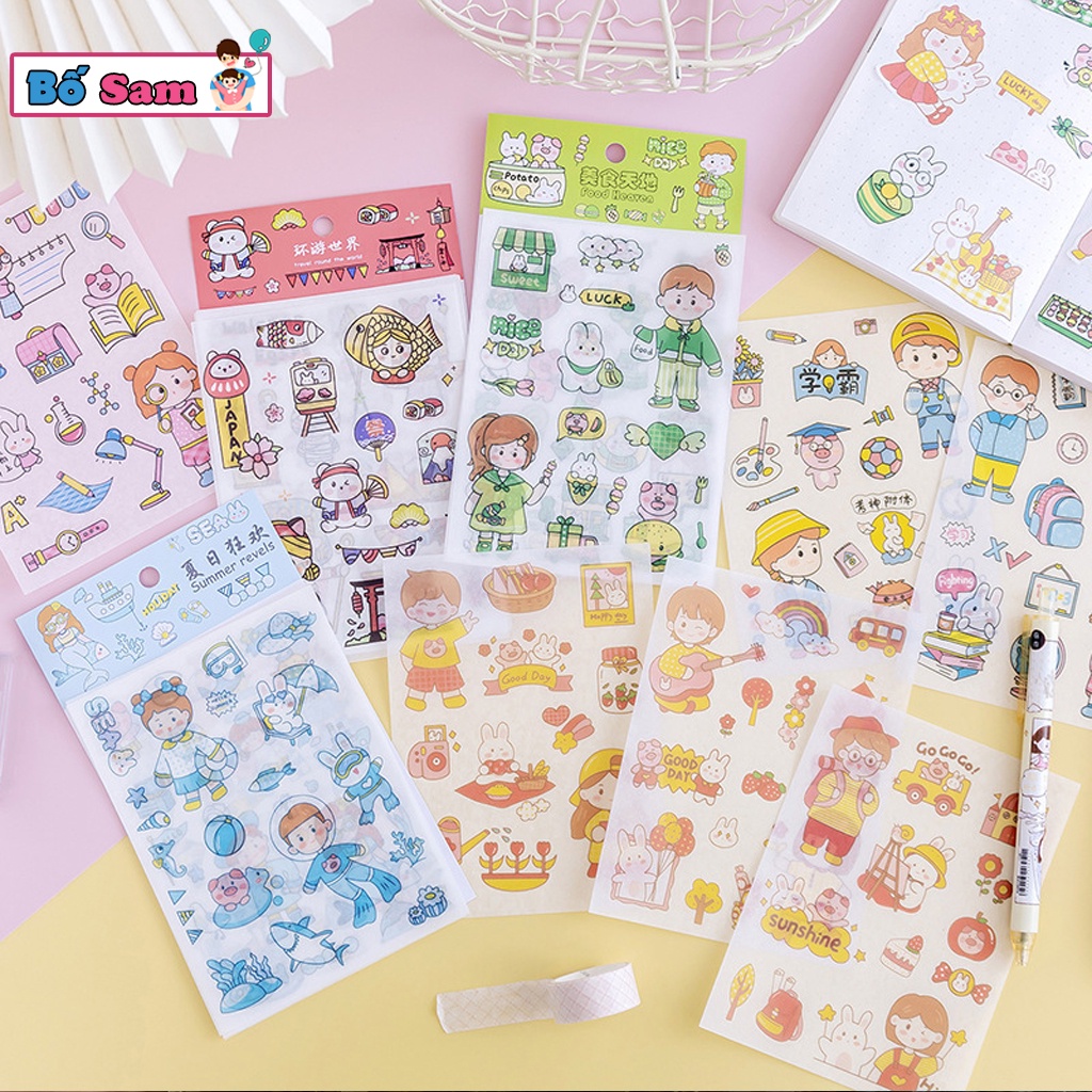 Sticker Cute cô gái, chú bé dán trang trí điện thoại sổ tay quà tặng học sinh Shop Bố Sam