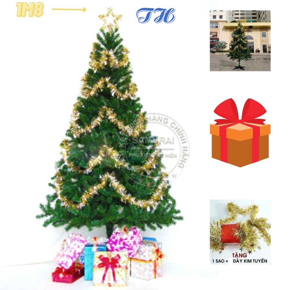 Cây thông noel 1m8 trang trí phòng khách, phòng ngủ, ngoài trời mùa giáng sinh tặng kèm ngôi sao đỉnh và dây kim tuyến
