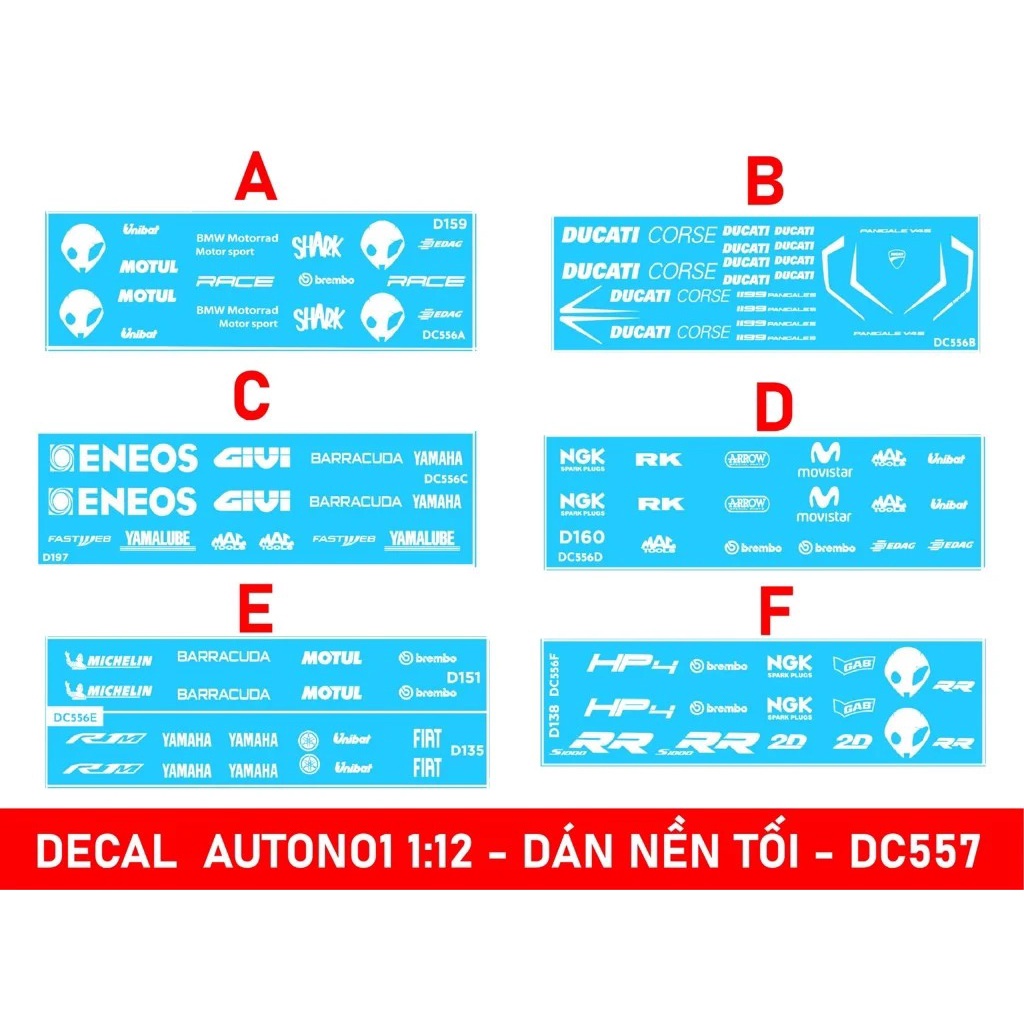 DECAL NƯỚC CHỮ TRẮNG DÁN NỀN TỐI ĐỘ MÔ TÔ TỈ LỆ 1:12 AUTONO1 DC557