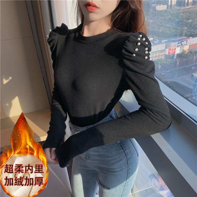 Áo Nhung Lông Cừu Tay Dài Phồng Cổ Tròn Dáng Ôm Ấm Áp Xinh Xắn Kiểu Hàn Quốc
