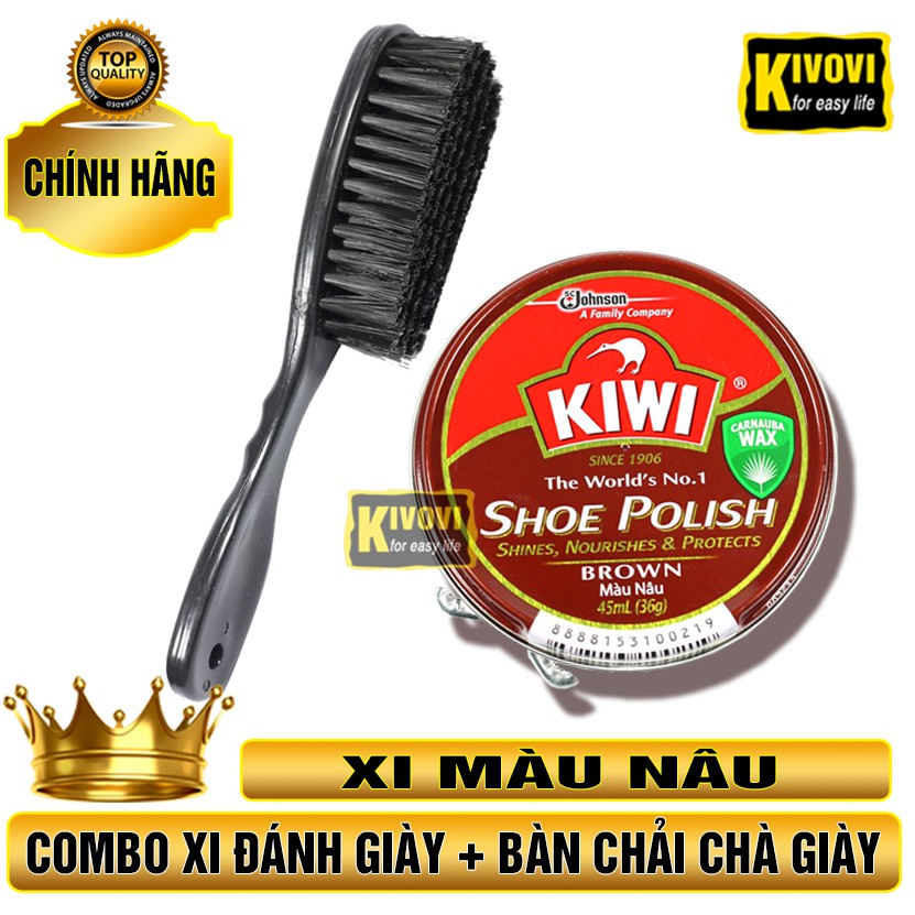 Combo Bộ Xi Đánh Giày Nâu / Bàn Chải Đánh Giày Lông Ngựa CÁN DÀI KIWI -Sáp Đánh Bóng Giày Da / Bàn Chải Lông Ngựa-Kivovi