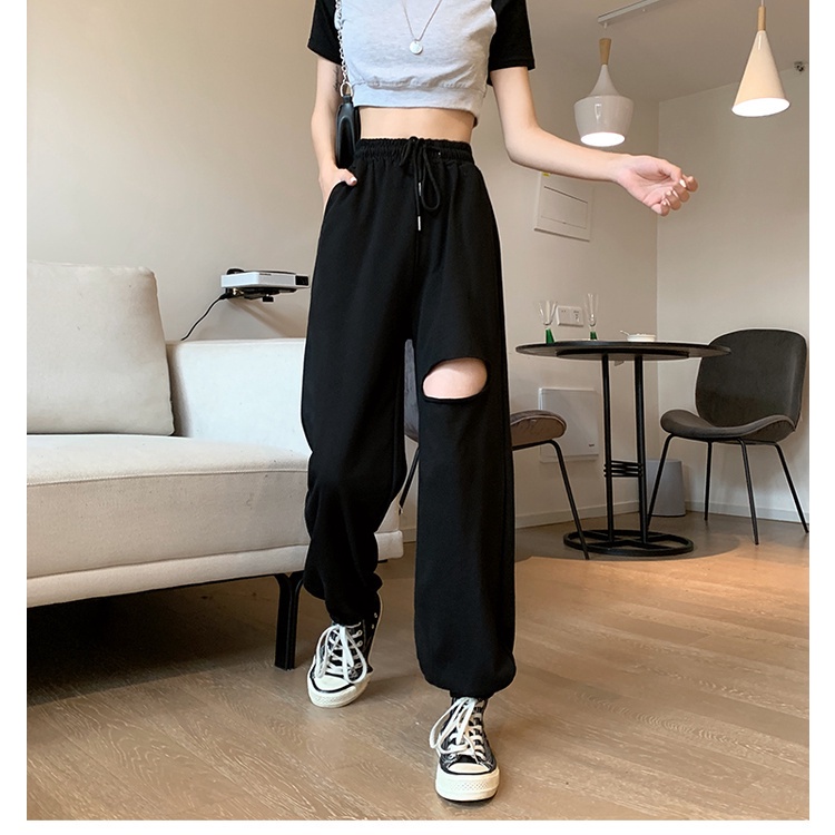 NRVP Quần jogger nữ lưng cao ống rộng phối rách thời trang