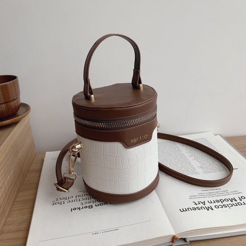 Túi Xách Đeo Vai Hình Trụ Màu Tương Phản Phong Cách Hàn Quốc Thời Trang Cho Nữ