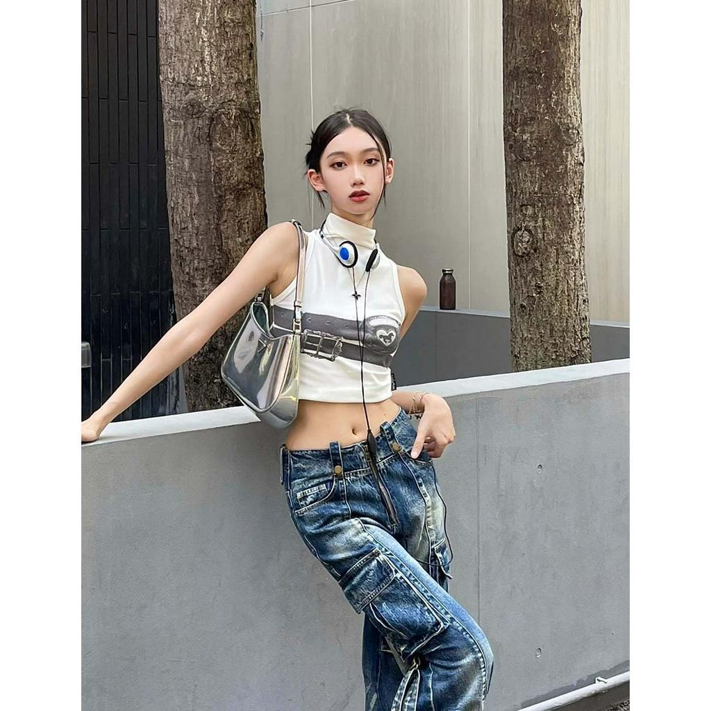 QADCOL Áo Tank Top Cổ Cao Màu Trắng In Họa Tiết Thời Trang Quyến Rũ Kèm Dây Đeo Bên Trong Cho Nữ