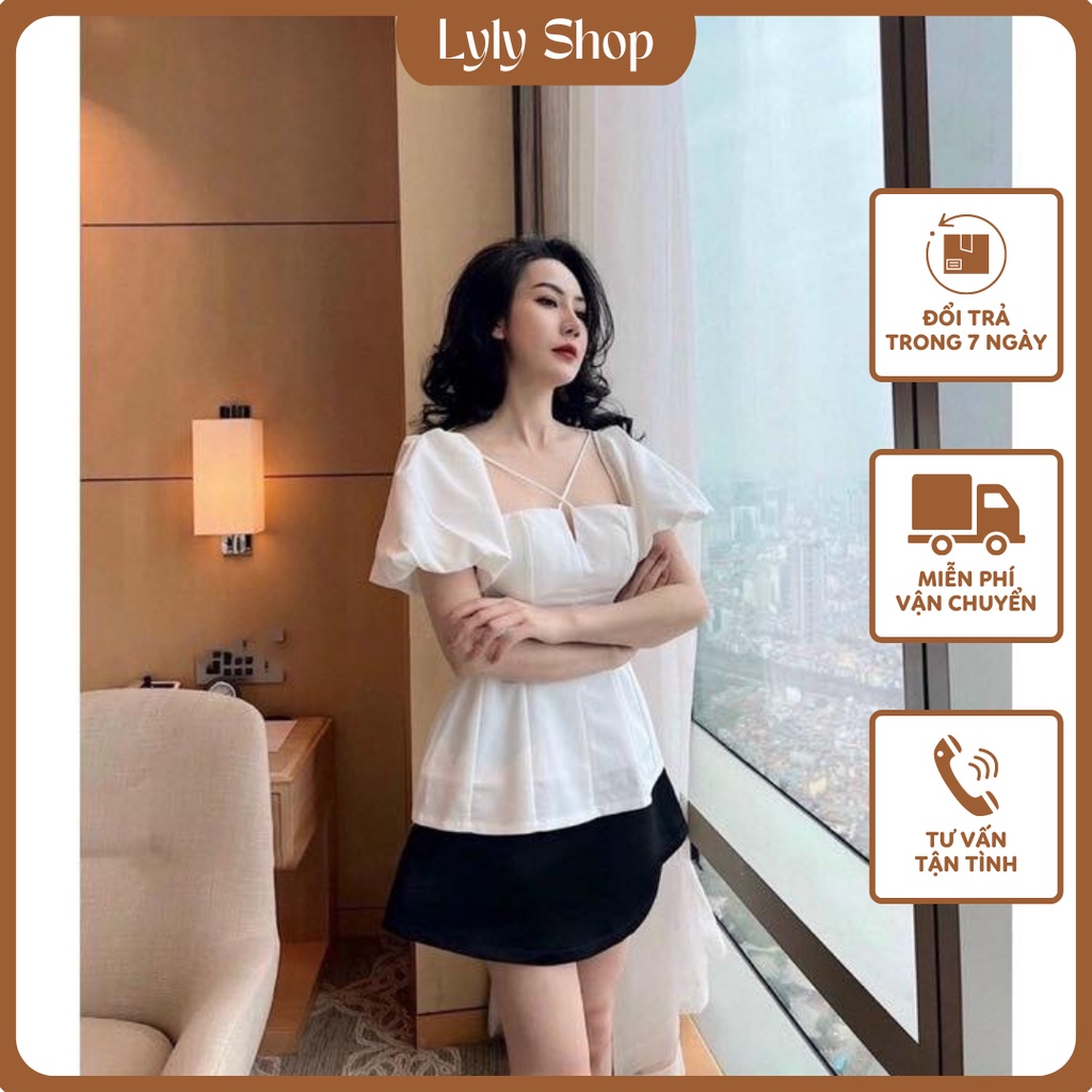 SET ÁO TRẮNG CHÉO DÂY TAY BỒNG + CHÂN VÁY ĐEN