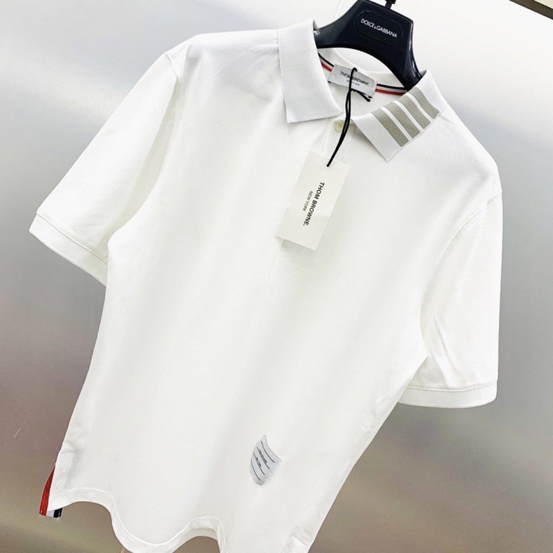 Áo Polo Nam Cotton Phối Cổ 4 Sọc Thom Xẻ Tà Thêu Vạch