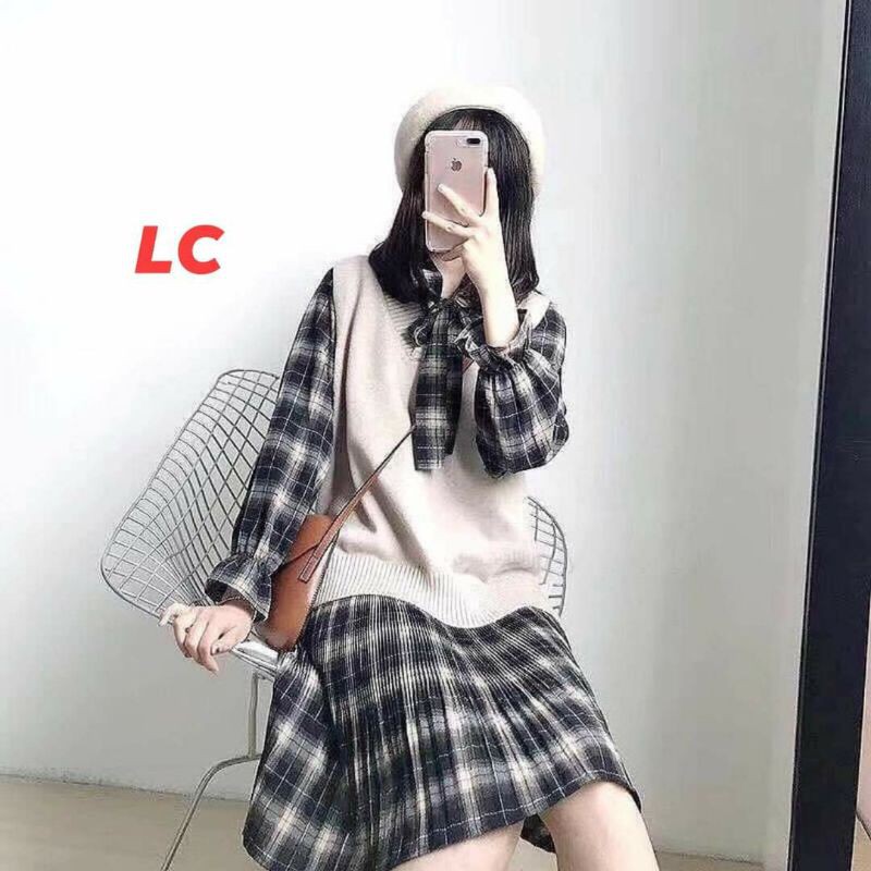 Váy Kẻ Caro Nơ Cổ Babydoll Ulzang