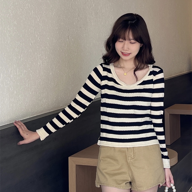 Áo Thun Dệt Kim Tay Dài Cổ Tròn Dáng Rộng Họa Tiết Kẻ Sọc Thời Trang Cho Nữ