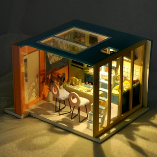 DIY Wooden Dollhouse Kitchen Miniature Furniture Kit LED Kids Birthday Xmas Gift House
