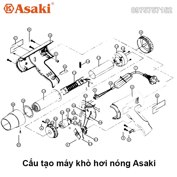 Máy khò hơi nóng Asaki 2000W AK-9013 (Công ty) Bảo hành 3 tháng