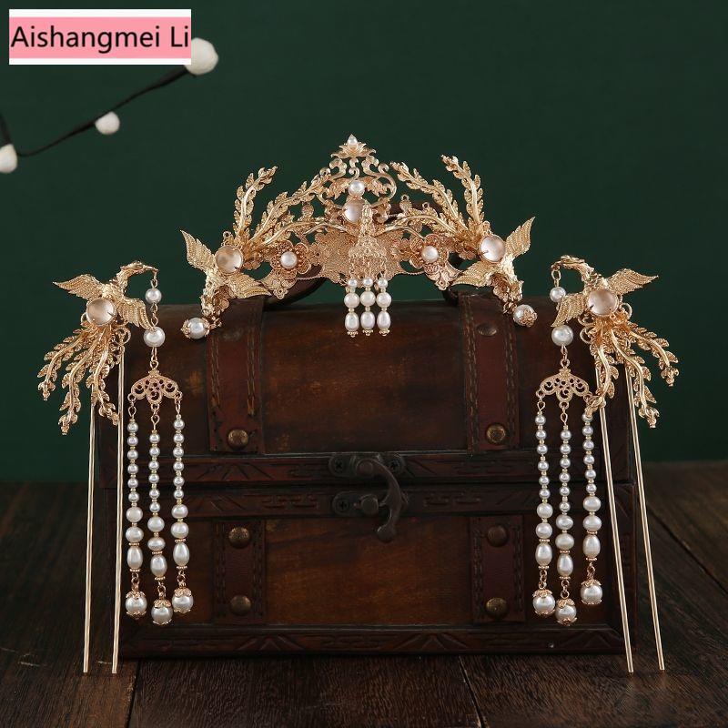 Trâm Cài Tóc Hình Vương Miện Phối Tua Rua Phong Cách Hanfu Cổ Điển Cho Cô Dâu