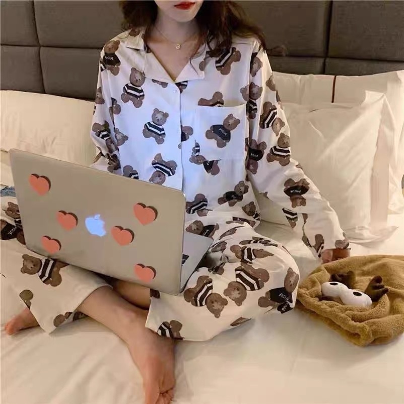 Bộ đồ ngủ nữ Pijama tay dài chất thun cotton hoạ tiết hình gấu dễ thương | BigBuy360 - bigbuy360.vn