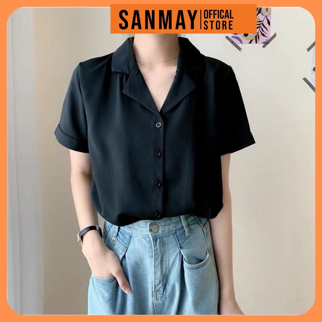 Áo sơ mi nữ Hàn Quốc form rộng SANJOLI Áo Sơ Mi công sở tay lỡ cộc tay kiểu đẹp, trắng đen nhiều màu cao cấp AO005