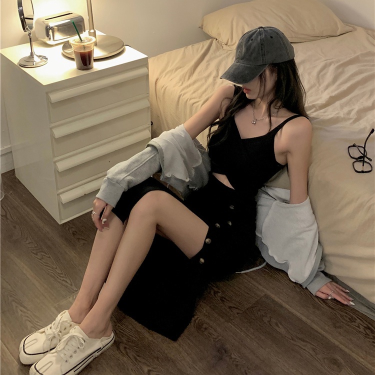 Đầm IELGY dệt kim màu đen dáng ôm phong cách Pháp thời trang sang trọng cho nữ