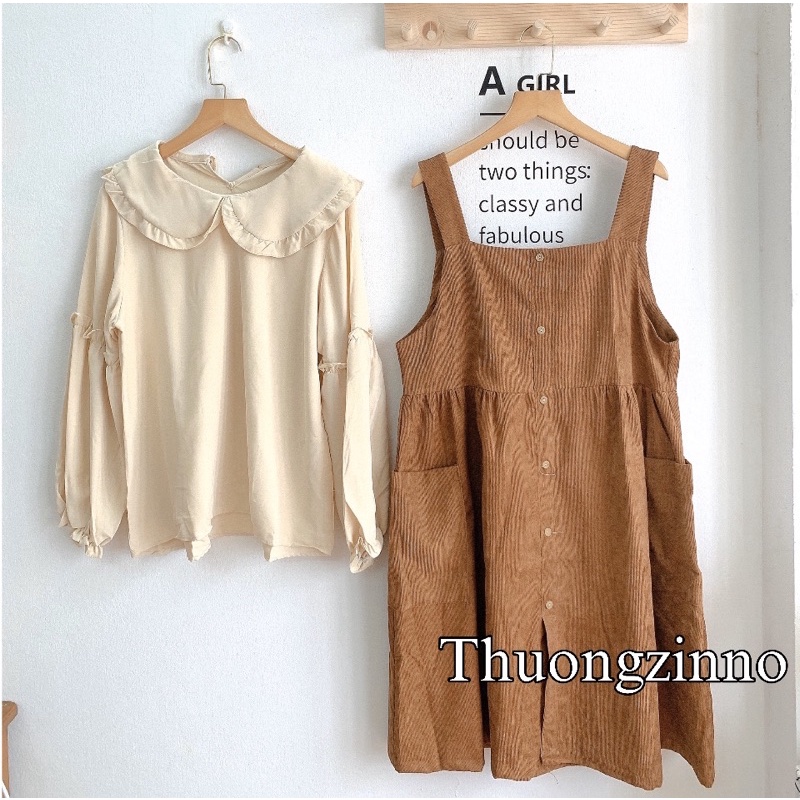 Set yếm nhung vintage dáng babydoll kèm áo cổ sen tiểu thư Set yếm vintage phong cách Hàn Quốc