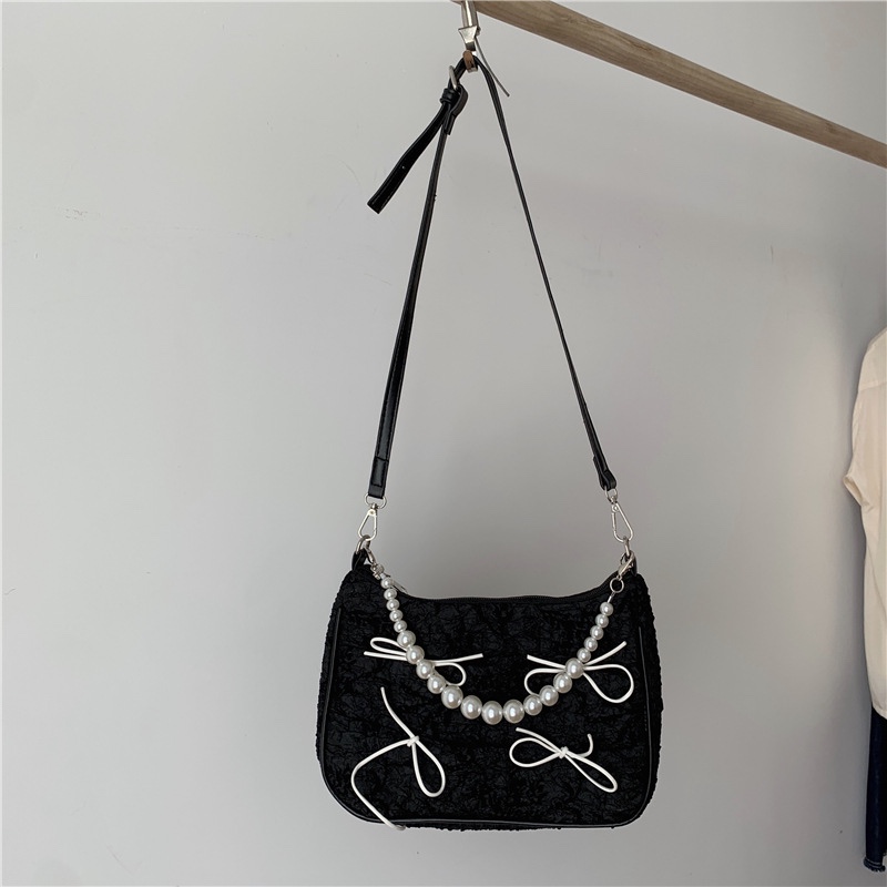 Black folds dark butterfly bag baguette bag pearl portable underarm bag messenger bag