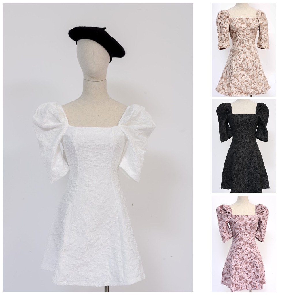 Đầm dự tiệc cổ vuông tay bồng màu trắng/đen/nâu sang trọng chất xốp cao cấp giá rẻ - Thời trang SHOPLORA