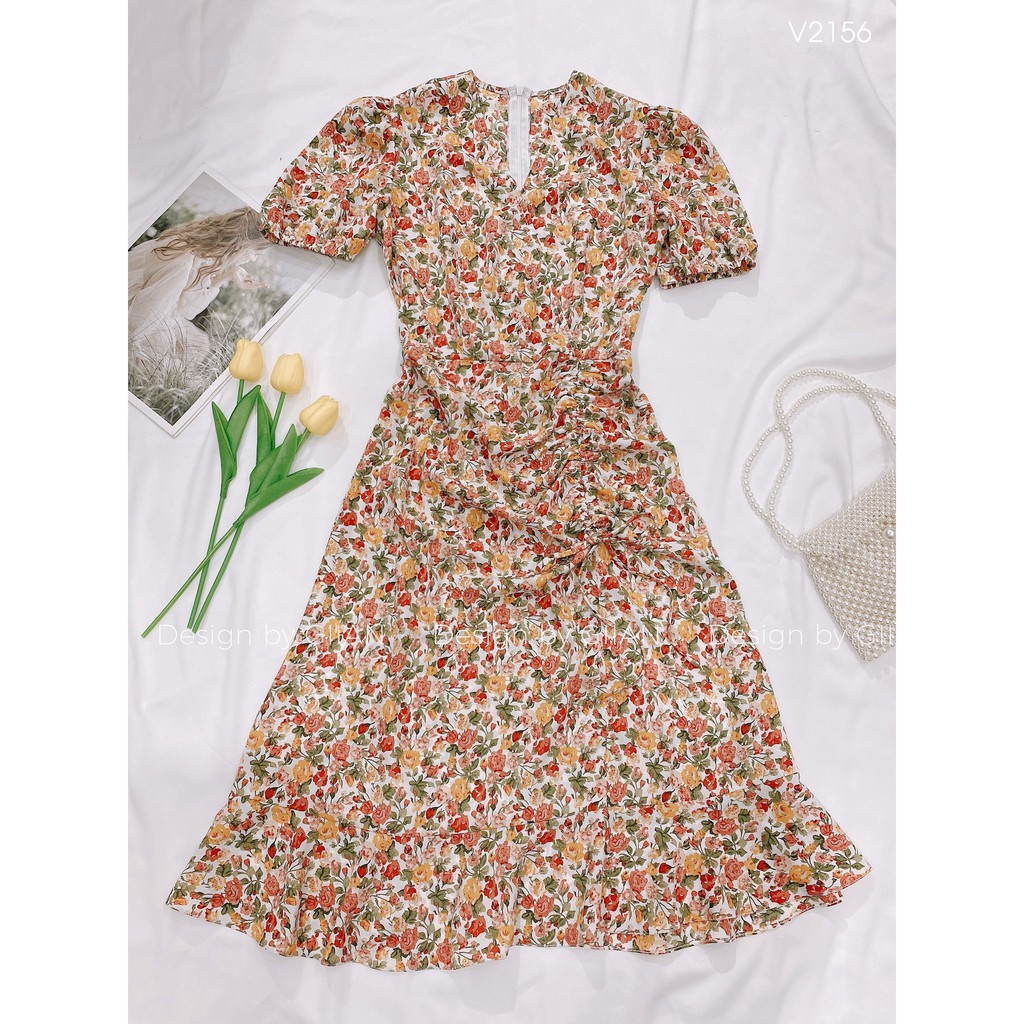 Váy hoa nhí dáng dài tay bồng đi biển thiết kế đuôi cá nhún eo rút dây cổ V chính hãng GIIAN - GV2156 | BigBuy360 - bigbuy360.vn