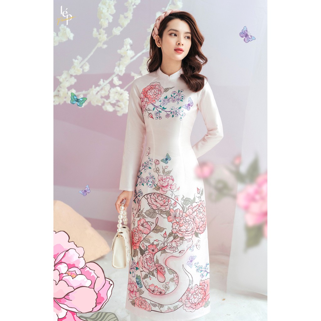 Áo dài Lép Lệ hoa - Hồng phấn "hoat tiết hoa phối họa tiết rắn"
