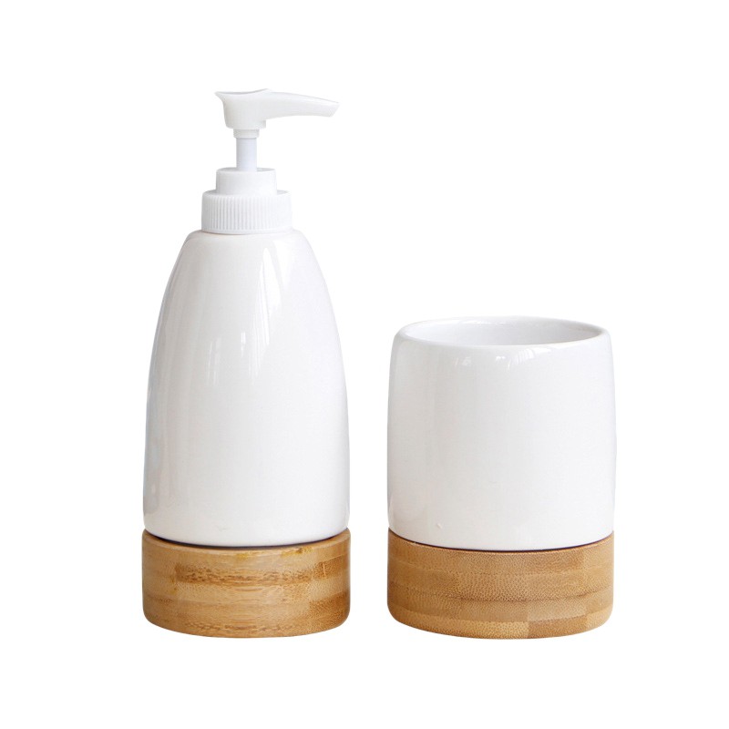 Bộ dụng cụ cốc súc miệng và bình đựng lotion bằng sứ cho nhà tắm tiện dụng