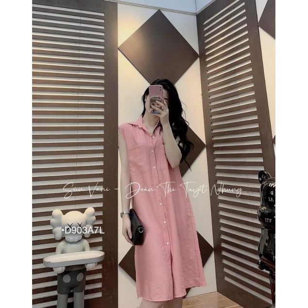 Đầm Bigsize Nữ Dáng Suông, Váy Sơ Mi Tay Ngắn Kiểu Túi Ngực Form Rộng Vải Thô Mát Thời Trang Ulzzang Hàn