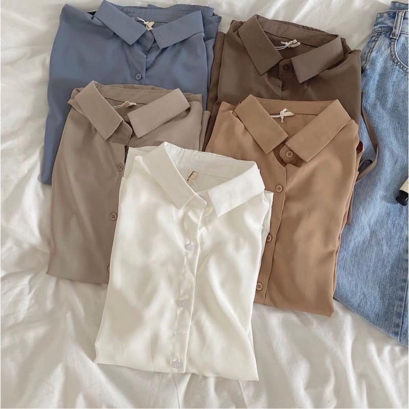 Áo sơ mi cộc tay vintage màu pastel buộc eo đuôi tôm dáng rộng vanmiushop