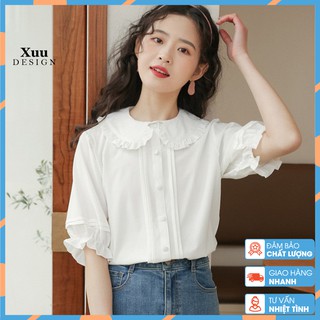 Áo sơ mi trắng cổ bèo Xuu Design, Áo tay lỡ thời trang Hàn Quốc Xu10 trắng thumbnail