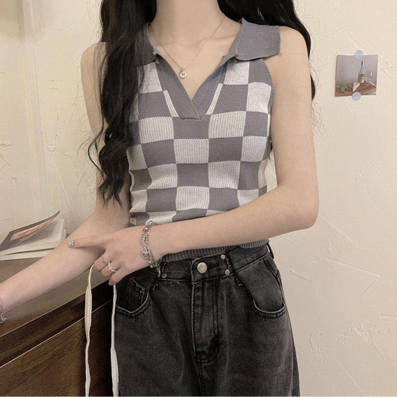 Áo Croptop Dệt Kim Sát Nách Cổ Chữ V Kẻ Sọc Caro Gợi Cảm Cho Nữ