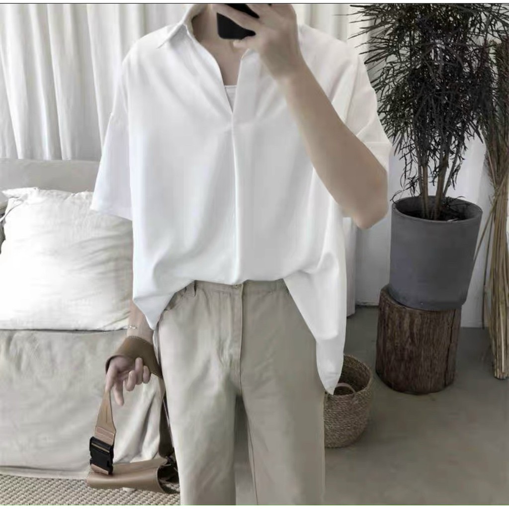 Áo sơ mi unisex Cổ CHUI kiểu chồng đầu Basic tay ngắn form rộng Style Hàn Quốc Unisex