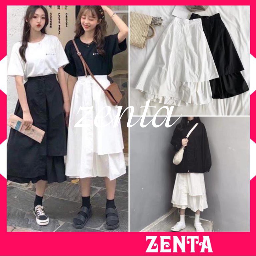 [Ảnh/Video/Có Sẵn]Chân váy dài qua gối, chân váy ulzzang tầng 2 màu đen trắng Quảng Châu | BigBuy360 - bigbuy360.vn