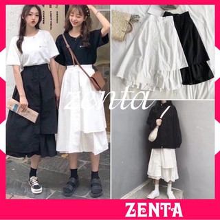 [Ảnh/Video/Có Sẵn]Chân váy dài qua gối, chân váy ulzzang tầng 2 màu đen trắng Quảng Châu