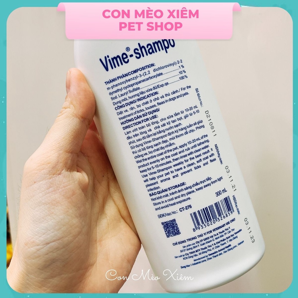 Sữa tắm chó mèo ve rận bọ chét Vemedim 300ml nắp cam, chăm sóc dưỡng lông thú cưng Con Mèo Xiêm