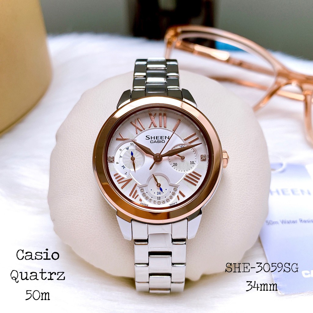 Đồng hồ nữ chính hãng Casio Sheen SHE-3059SG-7AUDR - Máy pin - Kính khoáng cứng