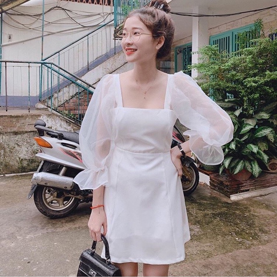 Đầm Dự Tiệc Trắng Tay Phồng Kết Hạt Siêu Xinh Vải Loại Một Cao Cấp
