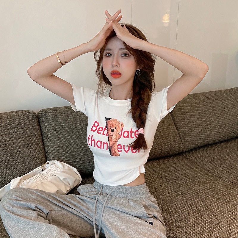 Áo thun nữ ZHELIHANGFEI tay ngắn in hình gấu đáng yêu thời trang