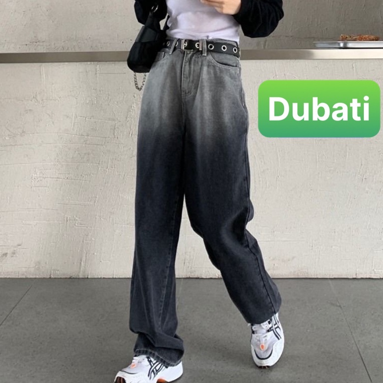 QUẦN BAGGY JEAN NỮ ĐEN XANH XÁM LOANG 2 MÀU ỐNG SUÔN RỘNG  DÀI KHÓA TRƯỚC LƯNG CAO NÂNG MÔNG XỊN SÒ - DUBATI FASHION