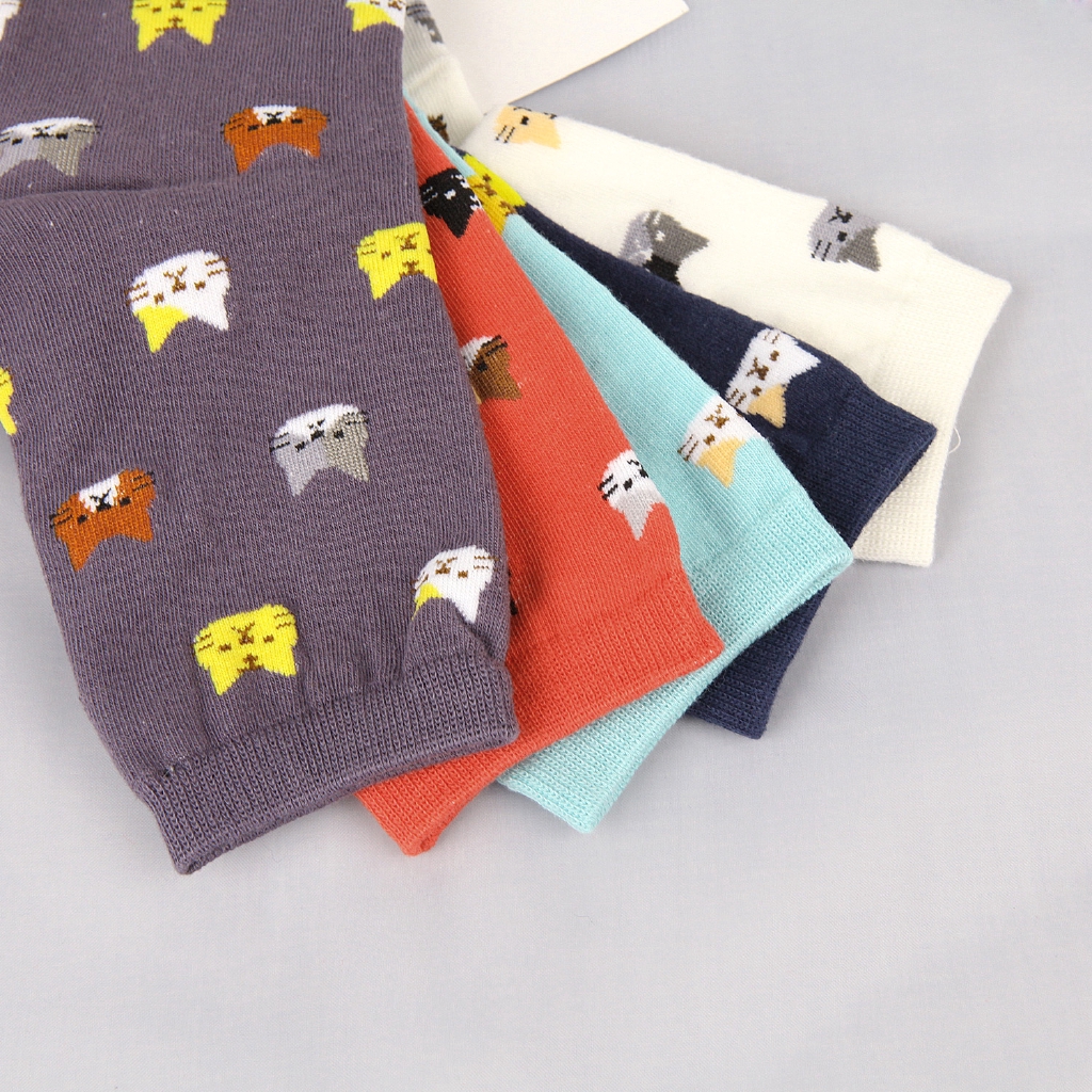 Vớ Cotton Cổ Cao Thoáng Khí In Hình Mèo Dễ Thương Cho Nữ